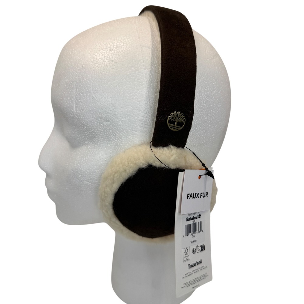 Timberland Earmuffs Faux Fur Suede Brown Cream White Winter Ear Muffs OS New Tag